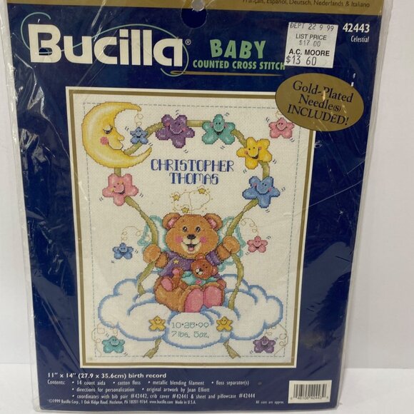 Bucilla Baby Counted Cross Stitch Kit Celestial Birth Record 11"x14" Gold-Plated - Picture 1 of 4